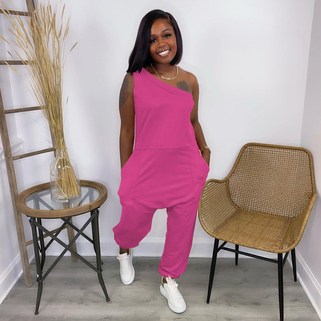 Women's Loose Street Sloping-shoulder Off The-shoulder Pocket Long Sports Jumpsuit