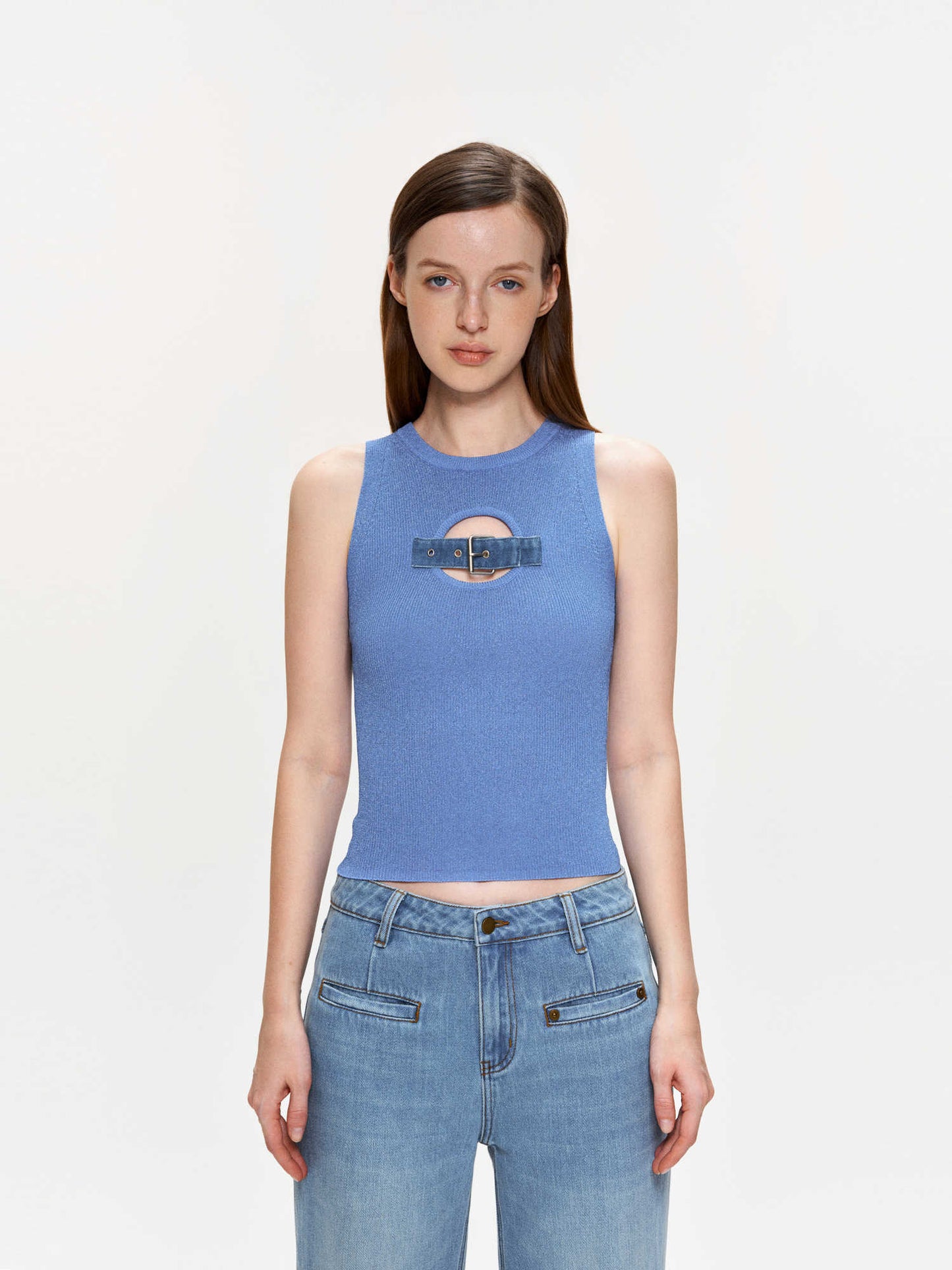 Sequined Jeans Button Vest Knitted Top