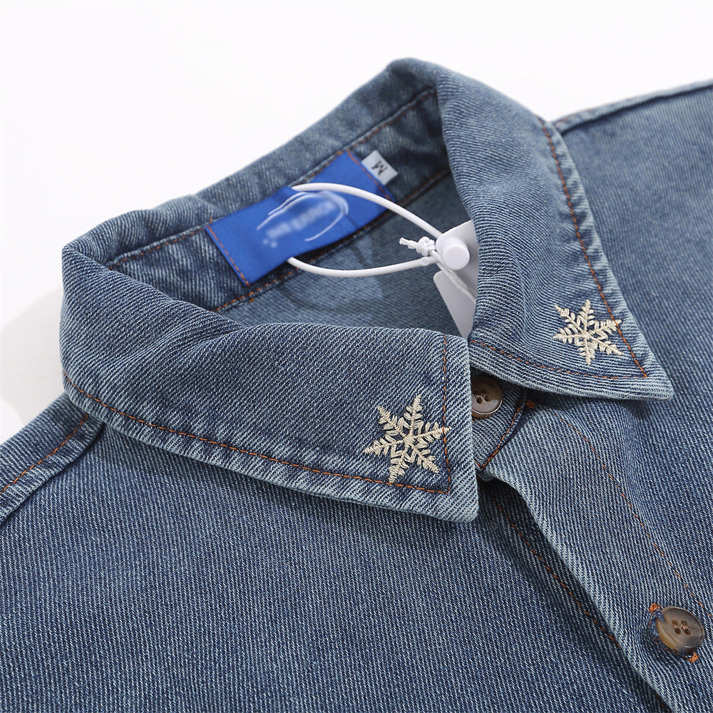 Cartoon Christmas Embroidery Denim Shirt Jacket