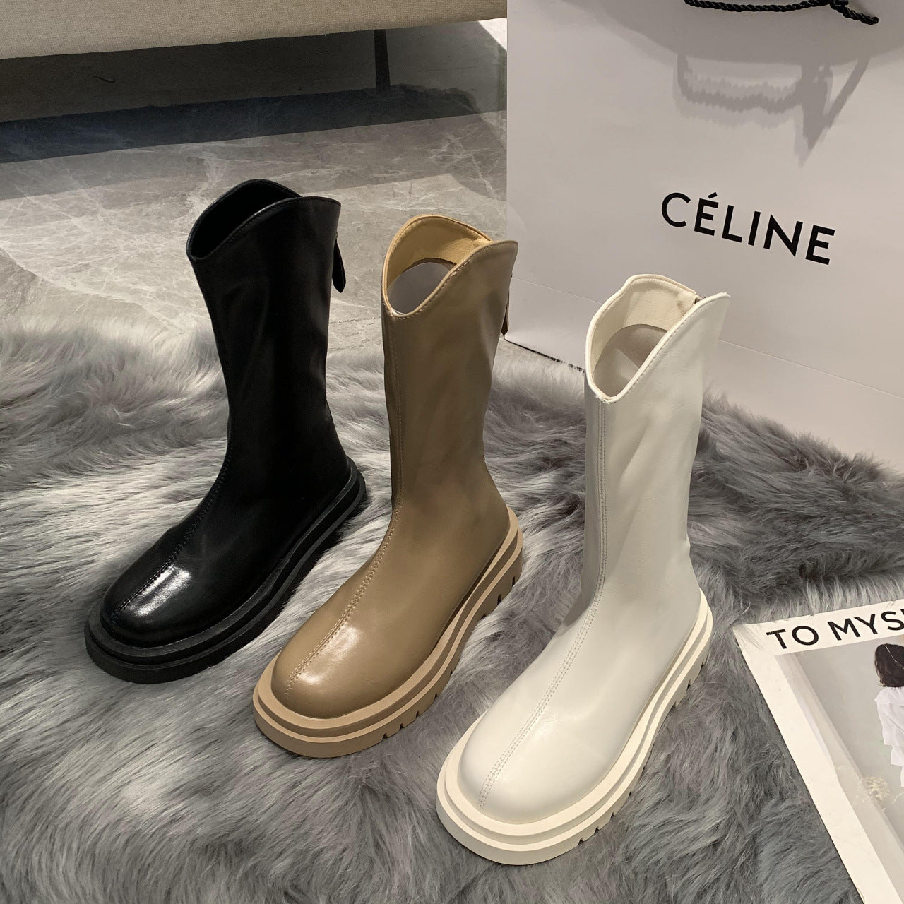 Simple Thick-soled Mid-tube Leather Women's Boots