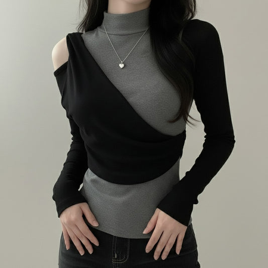New Color-blocked Mock-neck Slim-fit Top