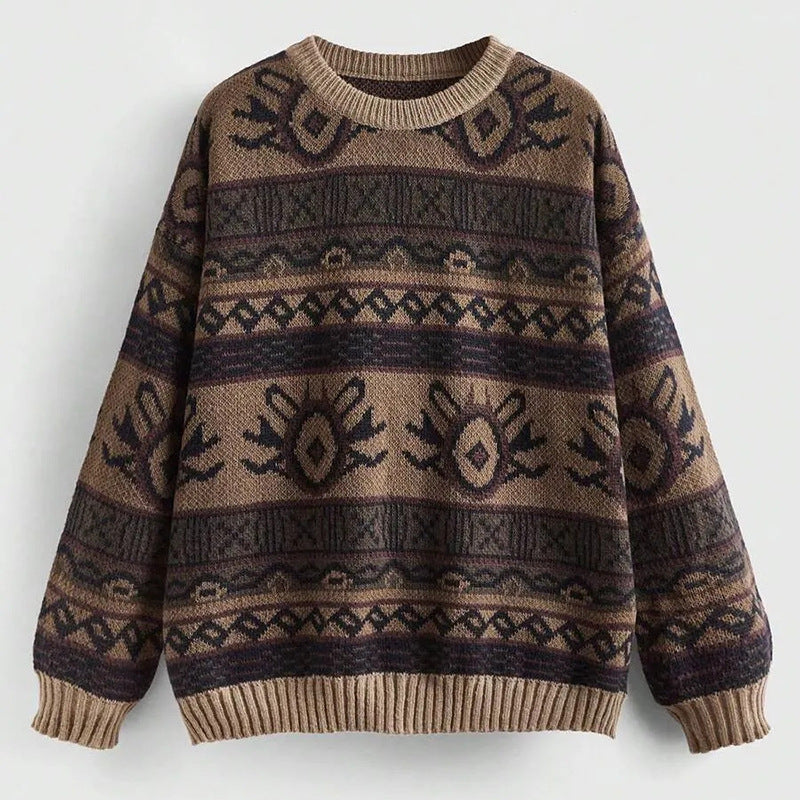 New Jacquard Color-block Round Neck Pullover Sweater Women