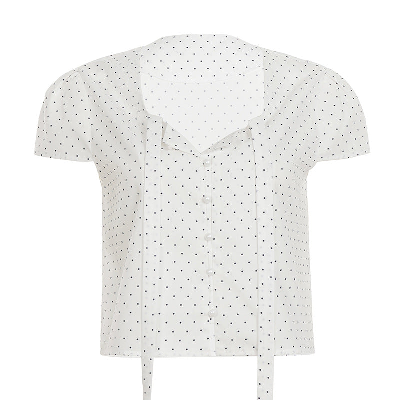 Sweet Alluring Bow-Knot Polka-Dot Strap Short-Sleeve T-Shirt