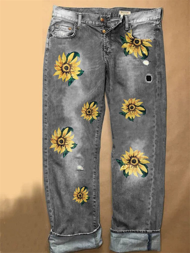 Sunflower Fashion Print Wide-leg Denim Trousers