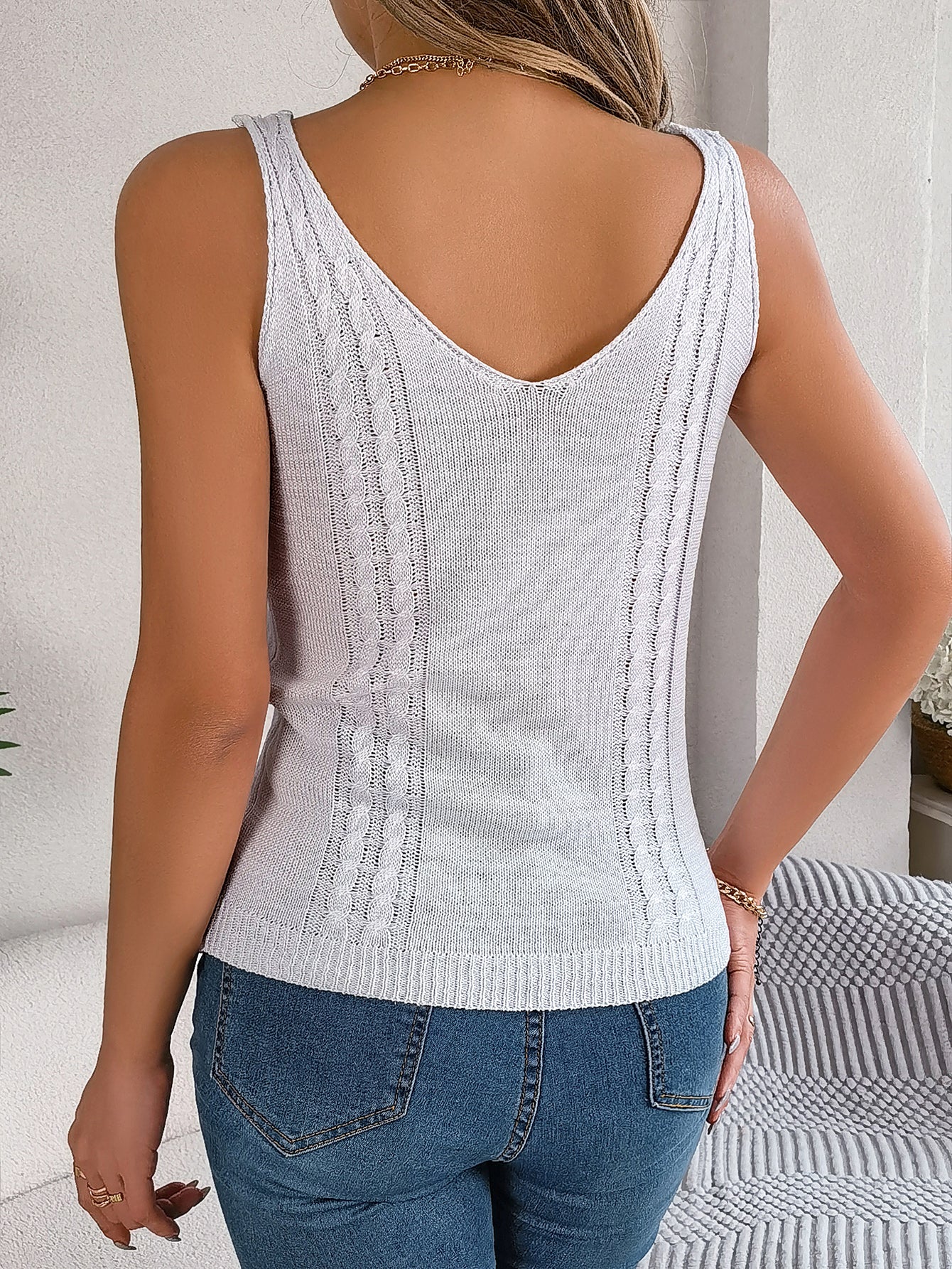 Women S Casual Solid Color V-Neck Hollow Out Knit Vacation Top