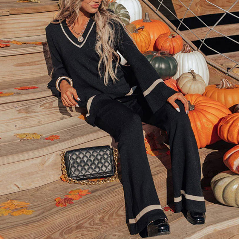 New European And American Autumn And Winter Leisure Contrast Color Two-piece Set For Women