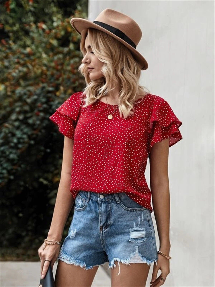 Printed Dot Red Lotus Leaf Versatile T-Shirt