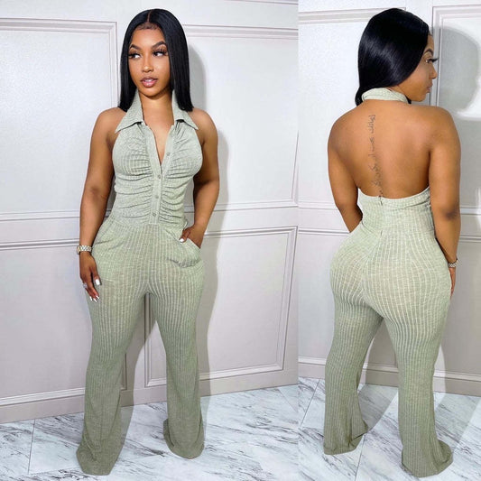 Women's Solid Color Halter Neck Lapel Jumpsuit