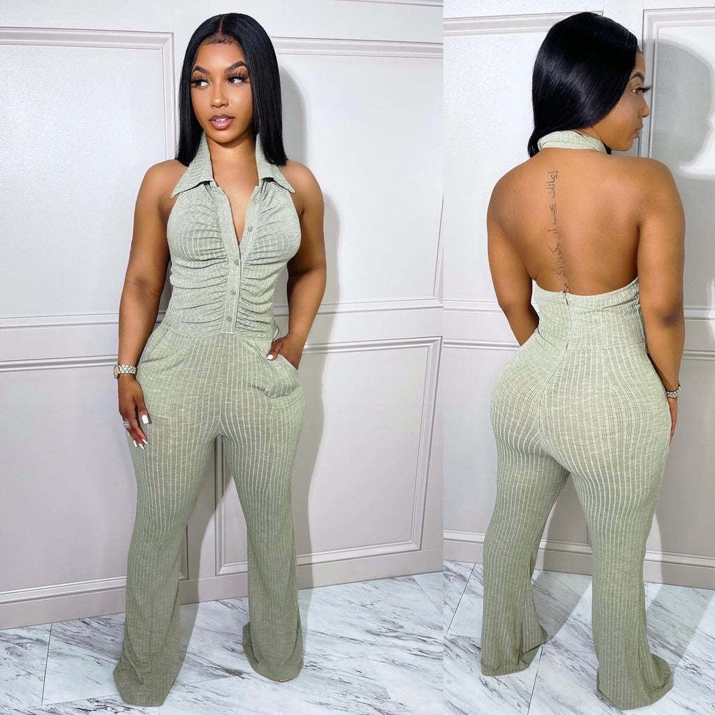 Women's Solid Color Halter Neck Lapel Jumpsuit