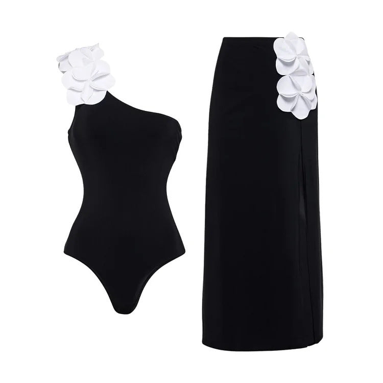 Green Bandeau One Piece Swimsuit With Wrap Skirt Set