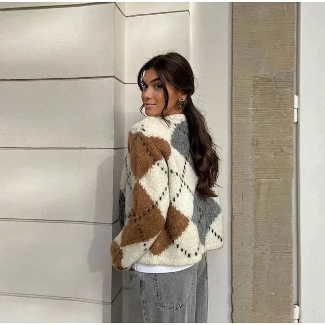 Women's Alpaca Geometric Contrast Color Knitted Cardigan Short Coat