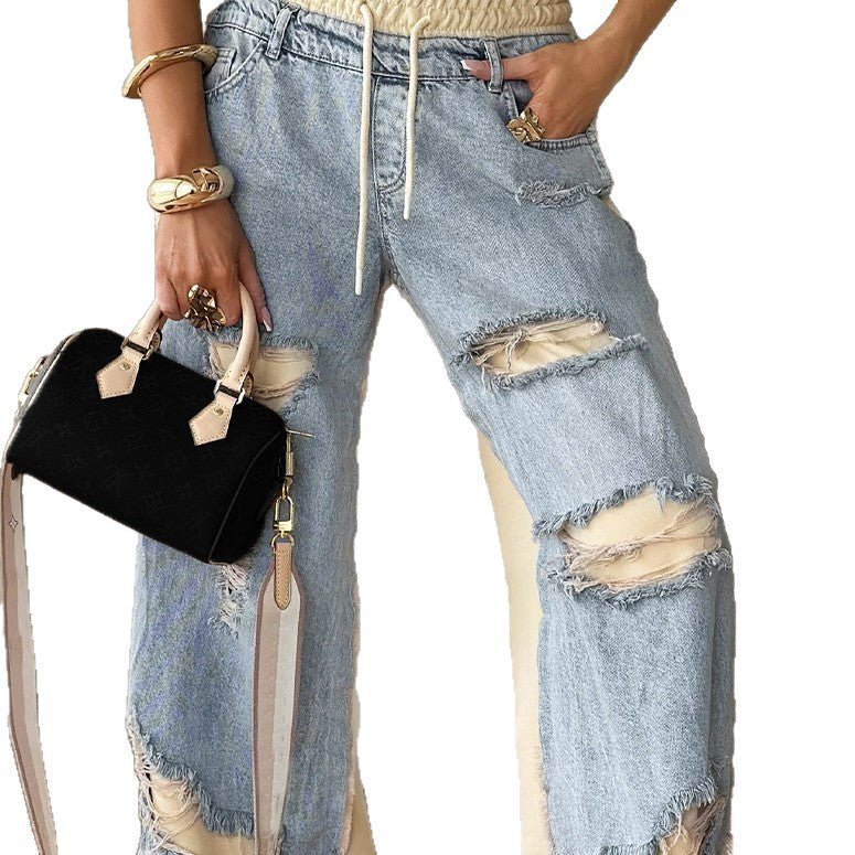 Ripped Double-layer Color Straight Jeans