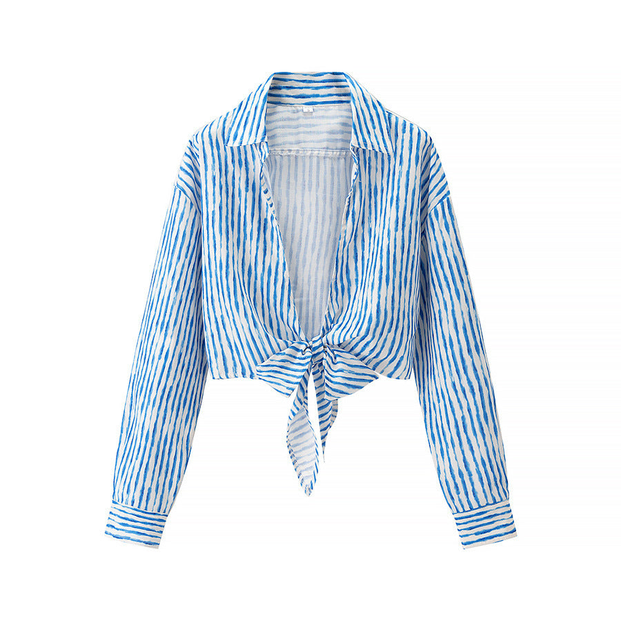 Women's Turn-down Collar Striped Long Sleeve Shirt