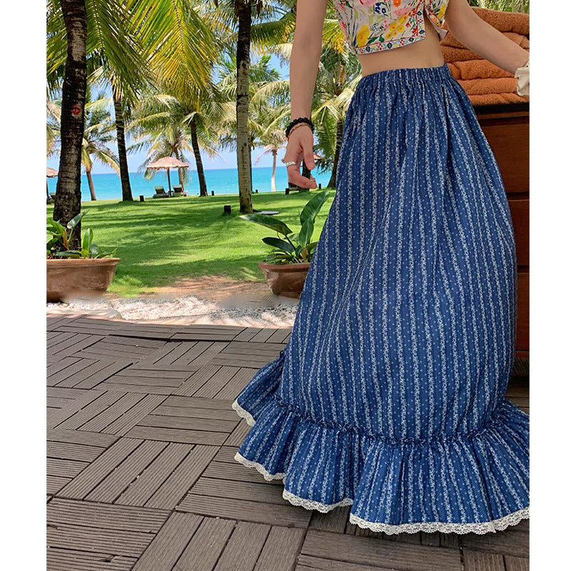 Blue And White Striped Skirt High Waist Slimming
