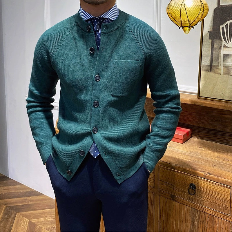 Solid Color Round Neck Slim Fitting Knitted Shirt  Slim Fitting Cardigan And Outerwear