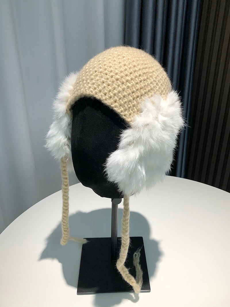 Women's Furry Double Ear Protection Rabbit Wool Beanie Hat