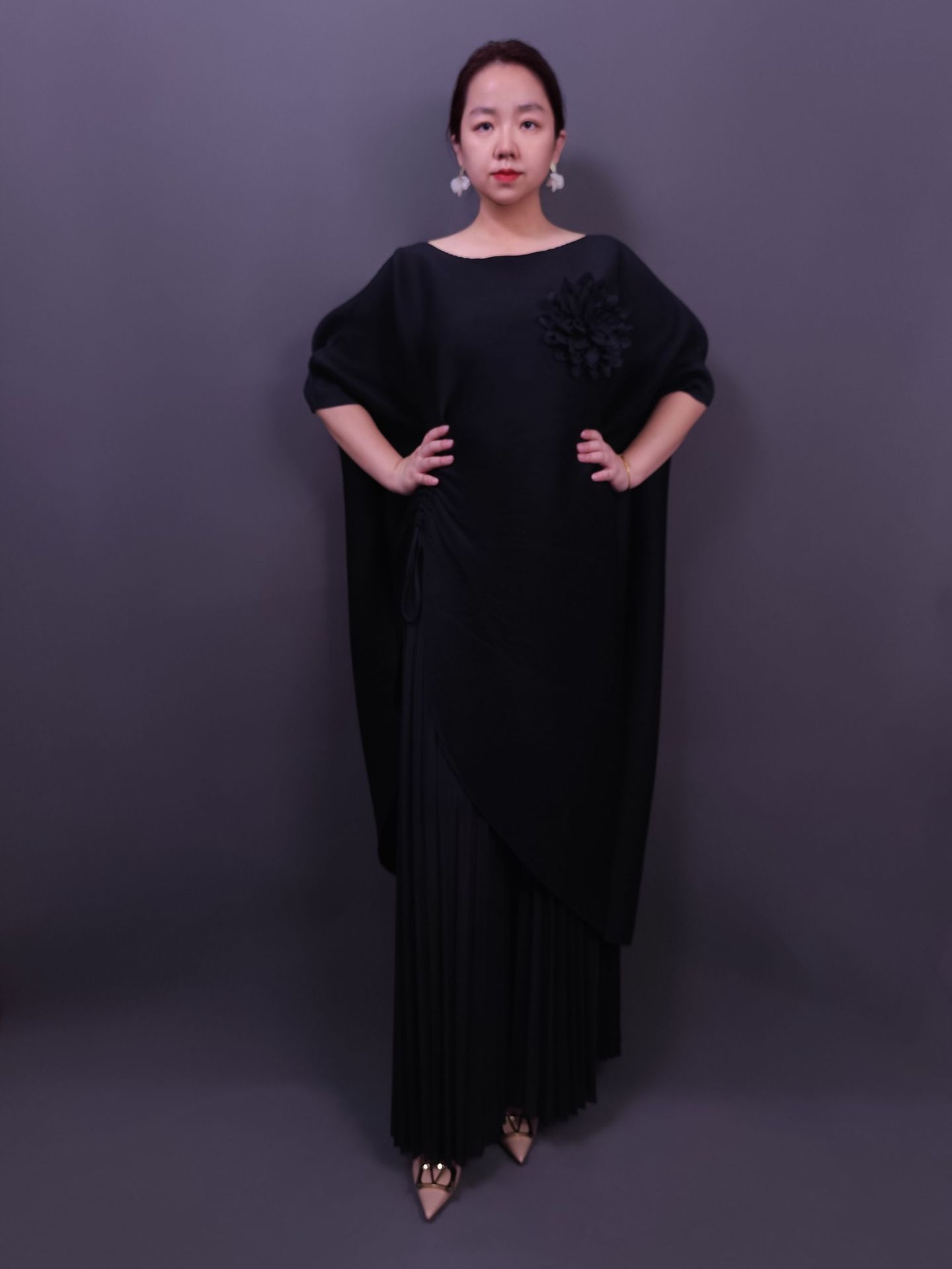 Solid Color Bat Sleeve Loose Drawstring Fashion Slimming