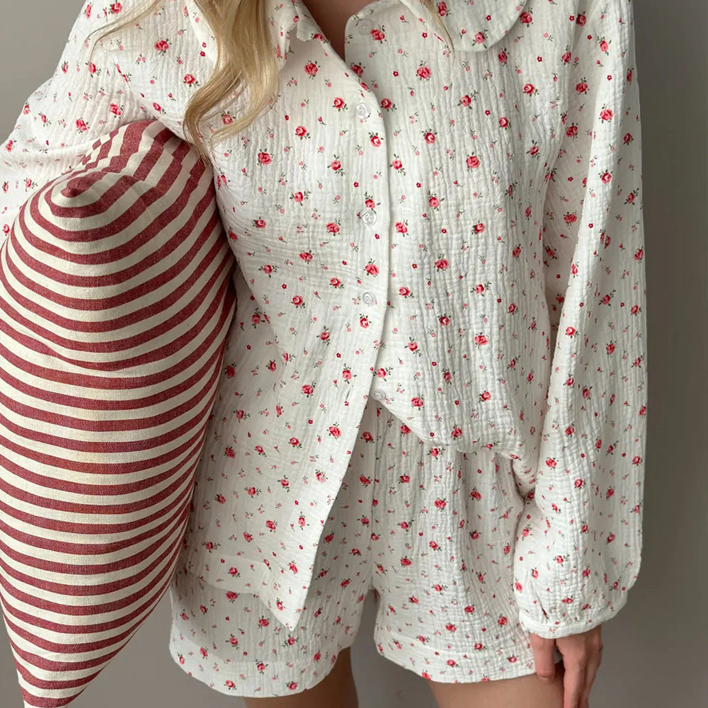 Womens Cotton Printed Long-Sleeve Top And Shorts Set