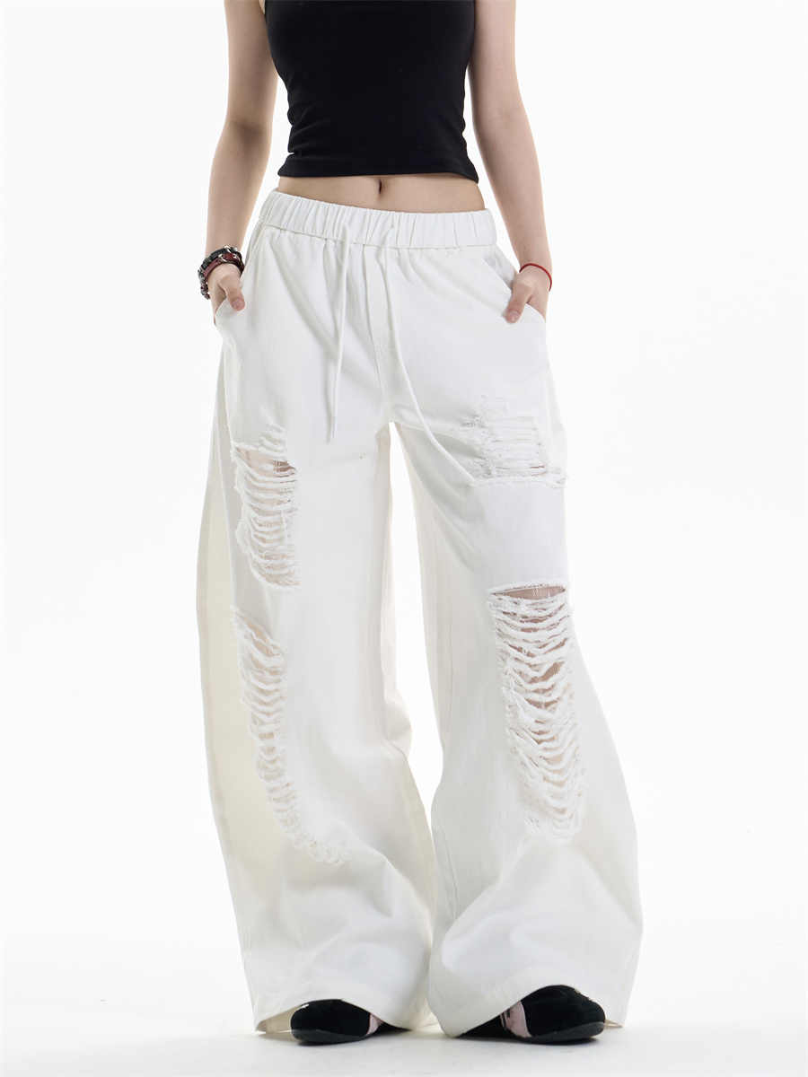 Ripped Casual Pants Women's Loose Straight Wide-leg Pants