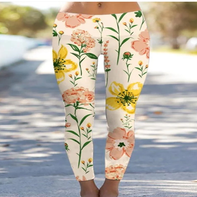 Flower Oil Painting Printing Women's High Waist Package Hip Stretch Leggings  3D