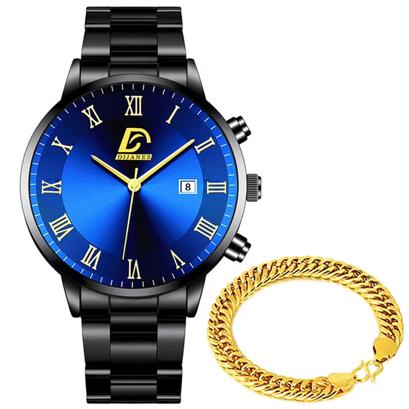 Luxury Stainless Steel Quartz Wrist Watch for Men with Calendar - Business Style Bracelet Timepiece