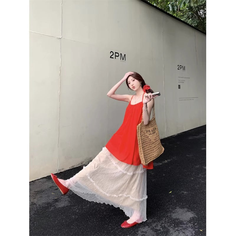 Loose-fitting Halterneck Sleeveless Camisole Womens Mesh A-line Skirt Two-piece Set
