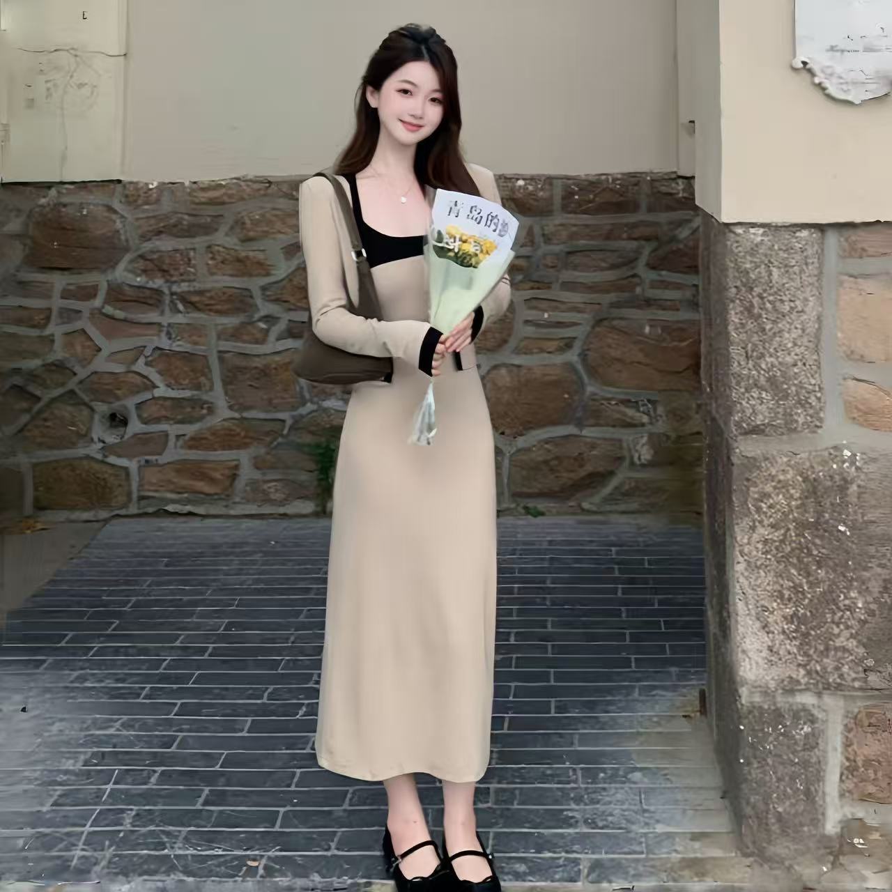 Autumn French-style Chic Color-Block Slip Dress Set
