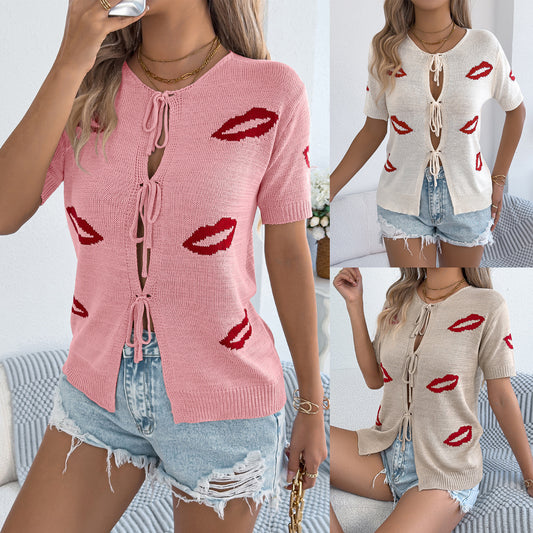 Casual Sexy Lip Jacquard Lace-up Knit Top