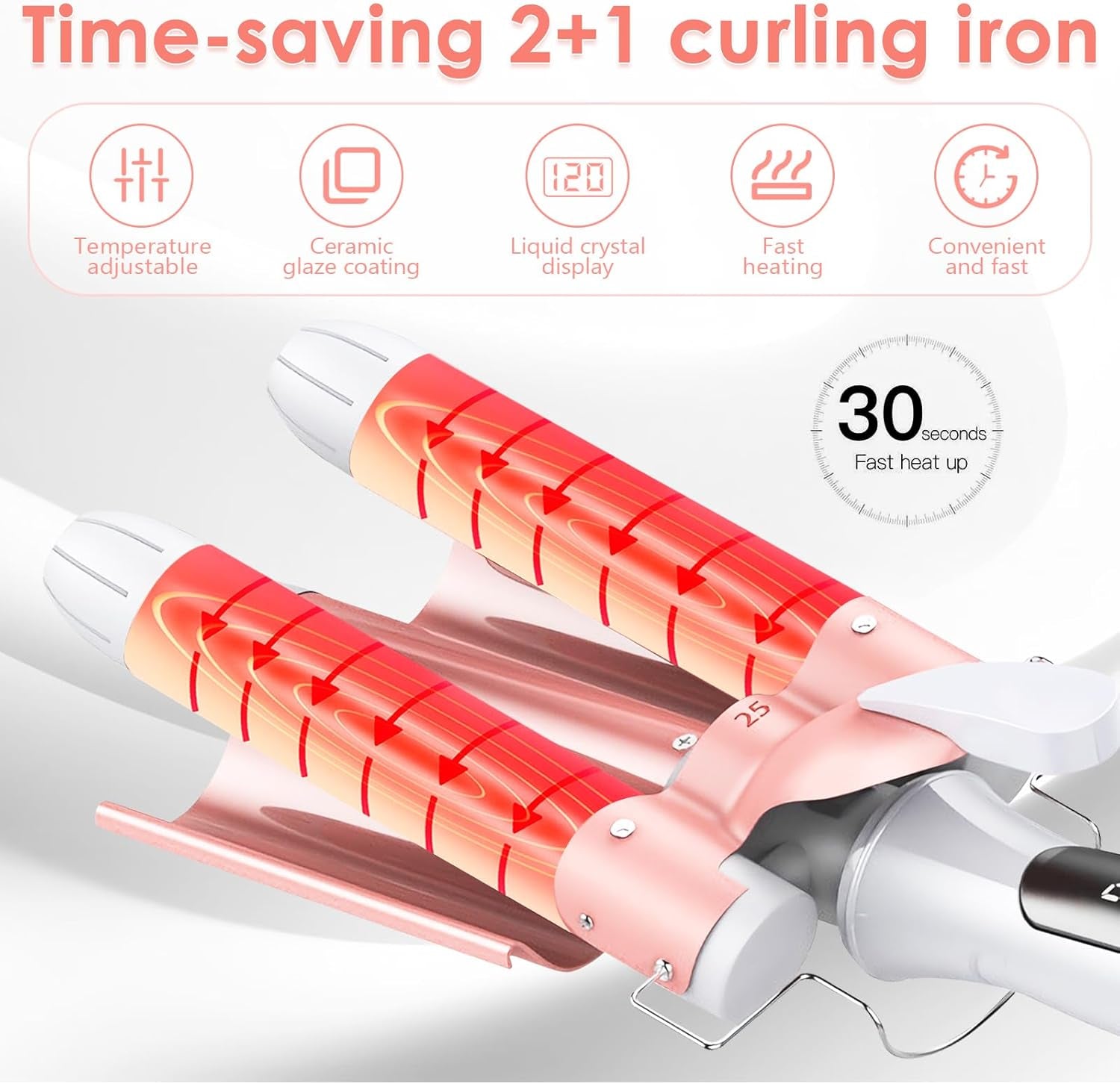 Rizador De Pelo Profesional 3 Tubo, Rizador Pelo Ondas Plancha 32Mm, Plancha Ondas Al Agua Cerámica De Pelo, Con Pantalla LCD Temperatura Ajustable, Para Peinado, Ondulado, Rizado