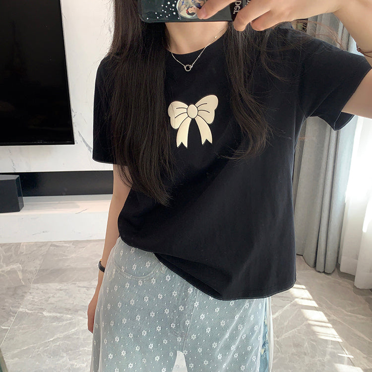 Spring Not Late Sweet Bow T-shirt Skulder
