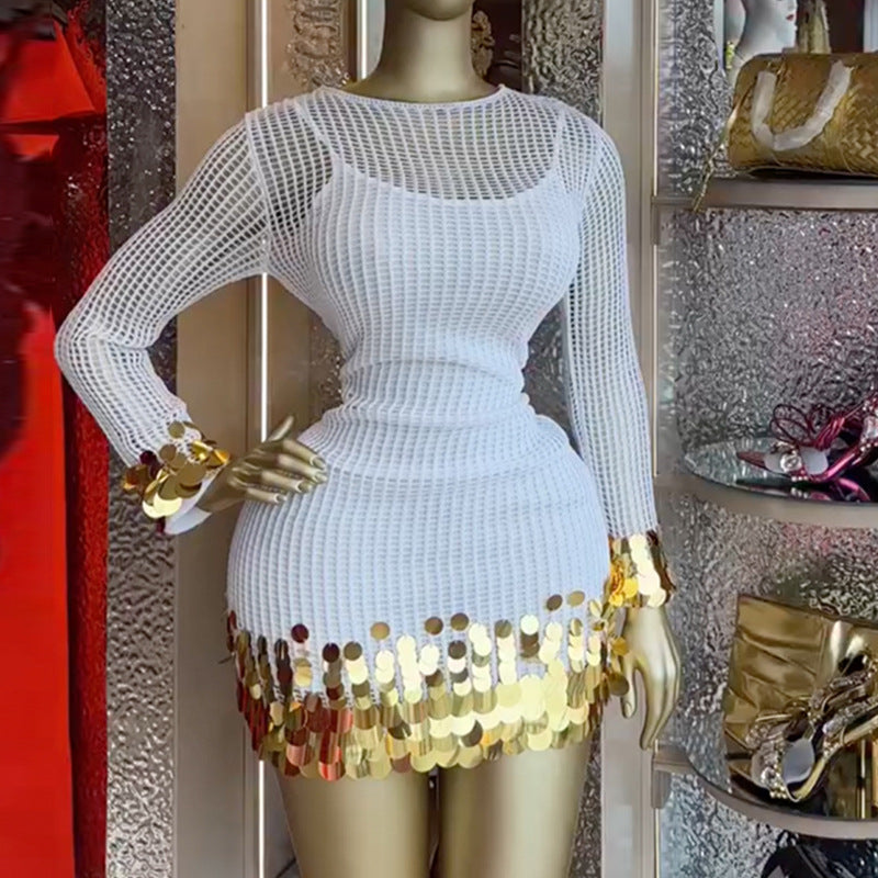 Elegant Hollow-Out Crew Neck Spliced Sequin Bodycon Slip Dress