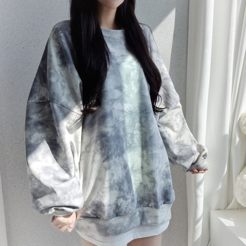 Tie-dye Sweater Dame Bomuld Løs Koreansk Top All-match Bogstaver Forår Og Efterår