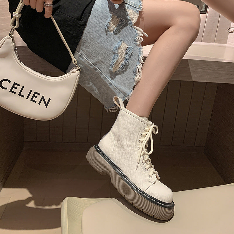 Lace-up Ankle Boots Martin Women Lychee Pattern Cowhide