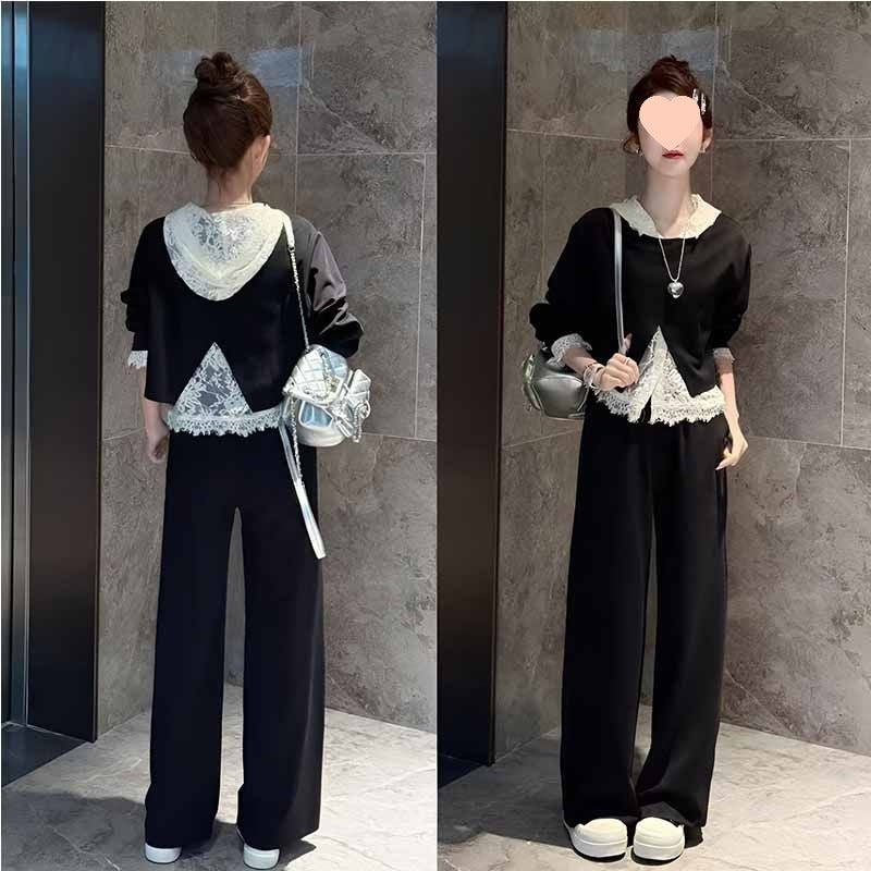 Womens Lace Off-Shoulder Sweater And WideLeg Pants Set Youth-EnhancingThreePiece Outfit