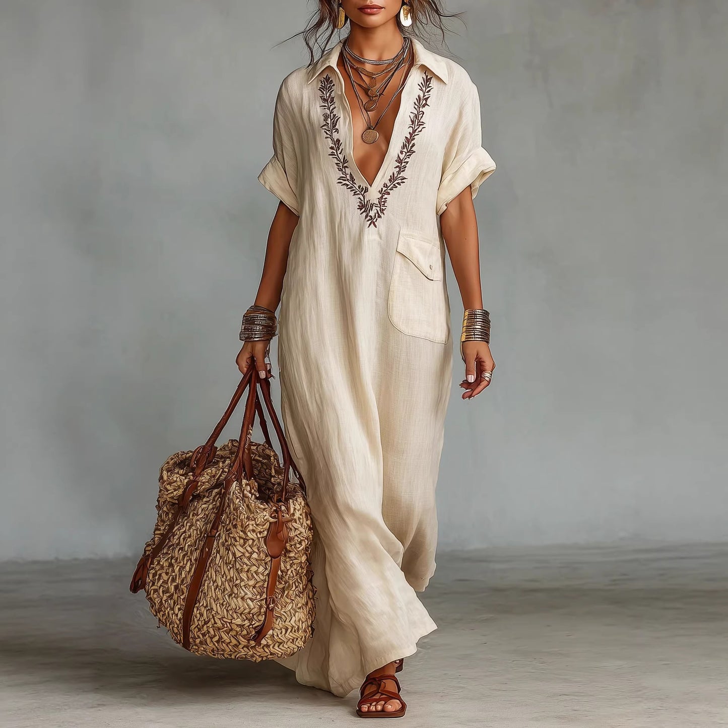 Casual Cotton-Linen Embroidered Pattern Short-Sleeve Pocket Dress