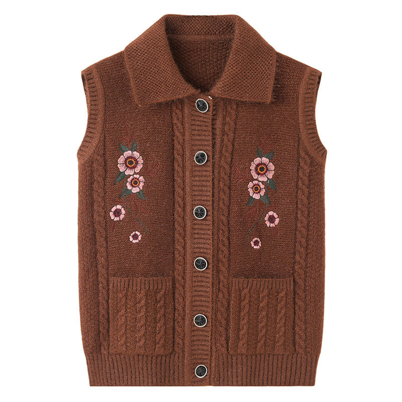 Waistcoat Embroidered Elderly Winter Vest Lapel