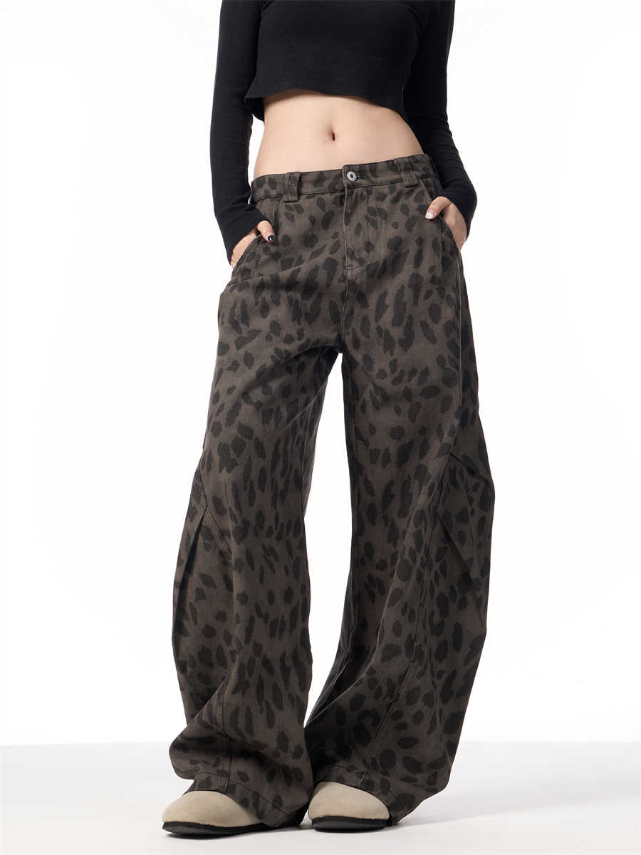 Retro Leopard Jeans Women's Loose Straight Wide-leg Pants