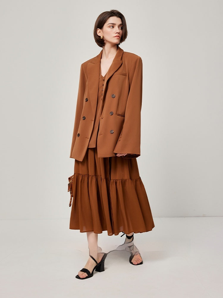 Brown Retro Spaghetti Straps Vest Double Breasted Suit Coat Set