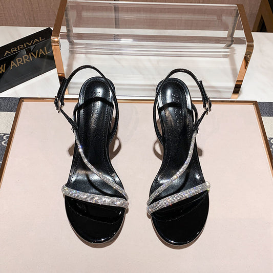 Rhinestone Word Buckle Sandals Female  Toe Wild Fairy Style High Heels Stiletto Sexy Trendy