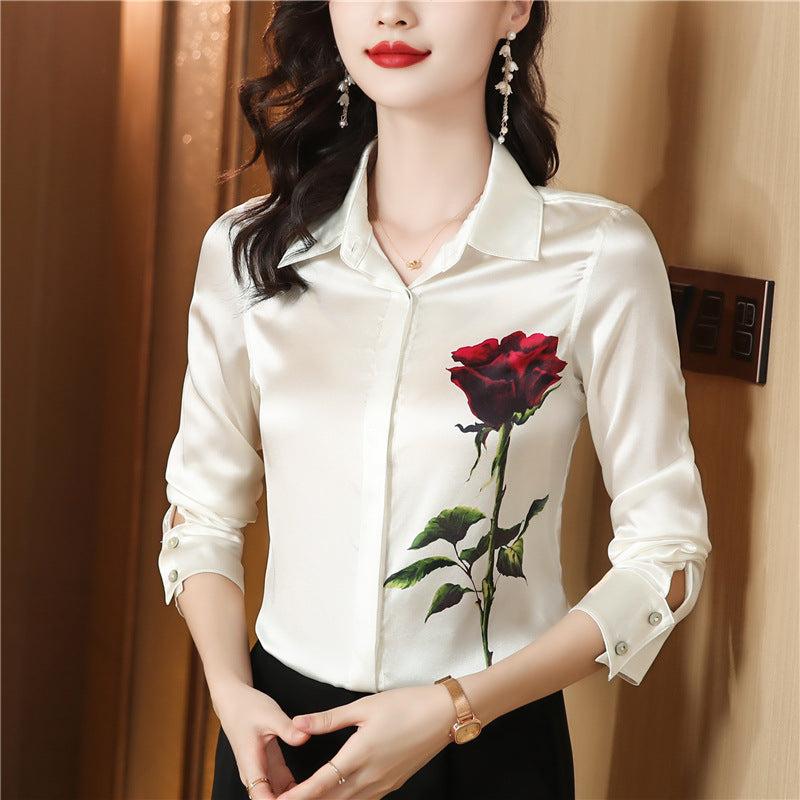 Women's Stretch Satin Rose Long Sleeve Shirt