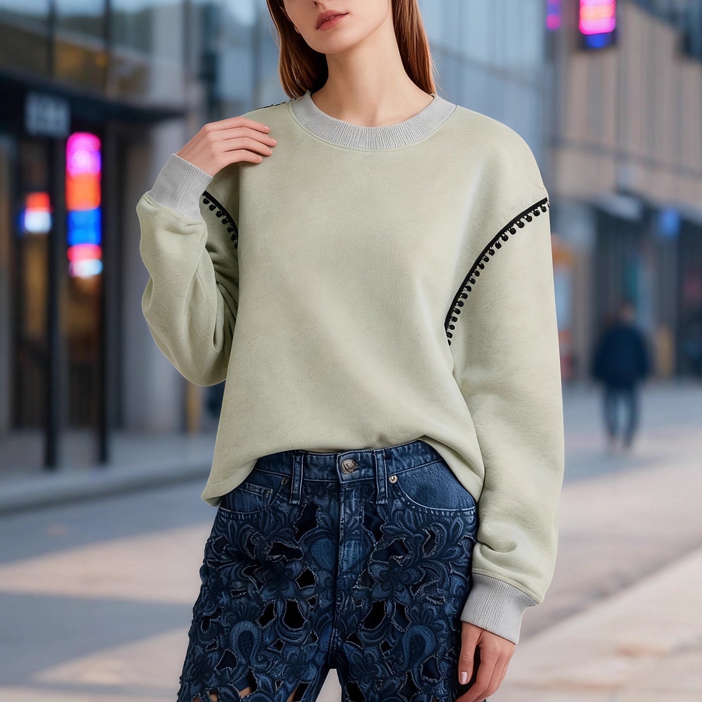 Women's Retro Contrasting Color Trimmed Round Neck Long Sleeved Sportswear