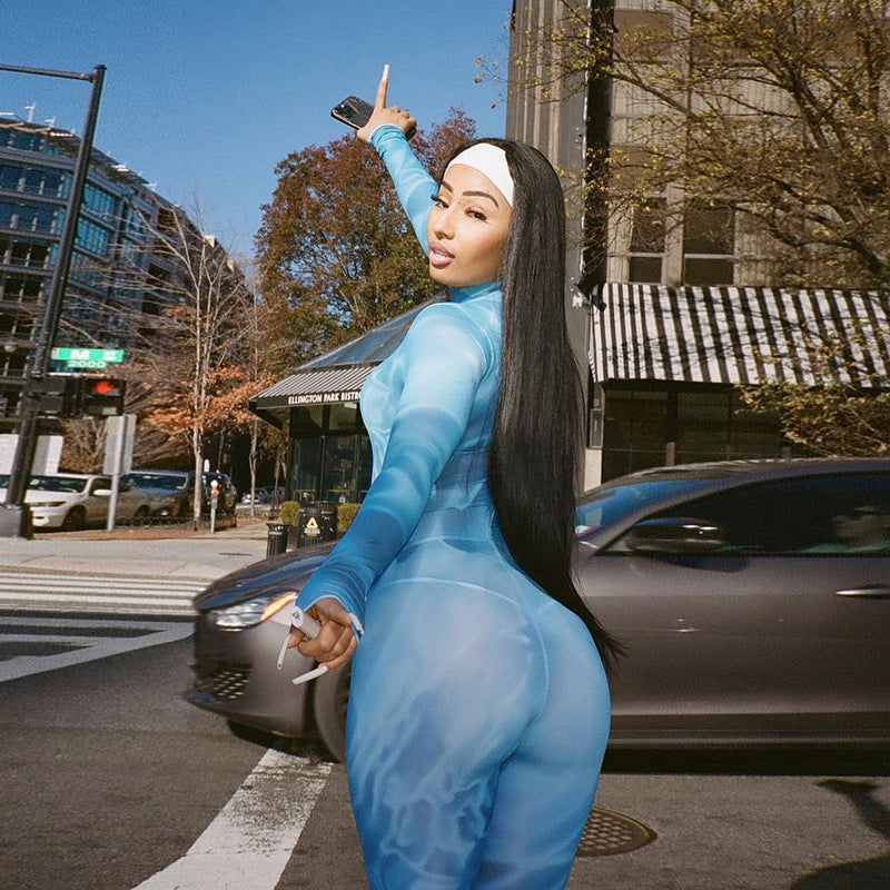 Kvinders mode 3D-print stramtsiddende bodysuit med høj talje og slim pasform