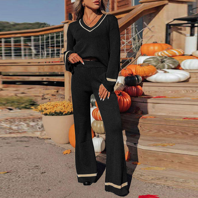 New European And American Autumn And Winter Leisure Contrast Color Two-piece Set For Women