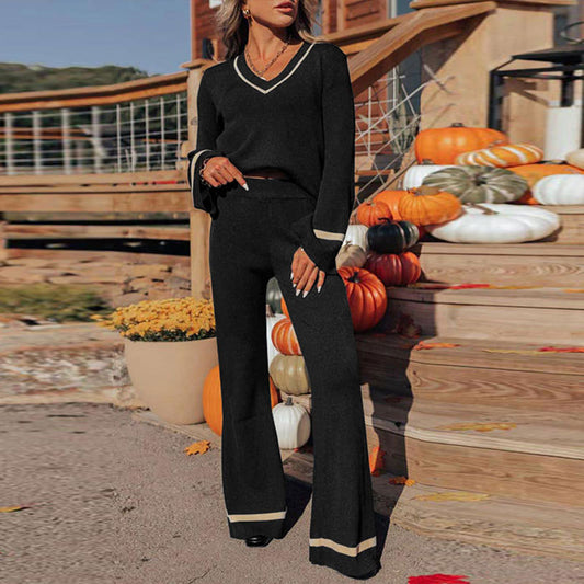 New European And American Autumn And Winter Leisure Contrast Color Two-piece Set For Women