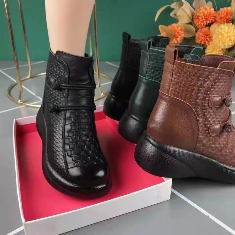 Womens Soft Leather Round-toe Soft-soled Fleece-lined Warm Boots