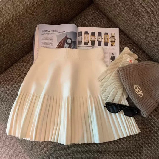Womens Stretchy High-Waist Pleated Skirt Slim-Fit Outerwear Knitted Base Skirt