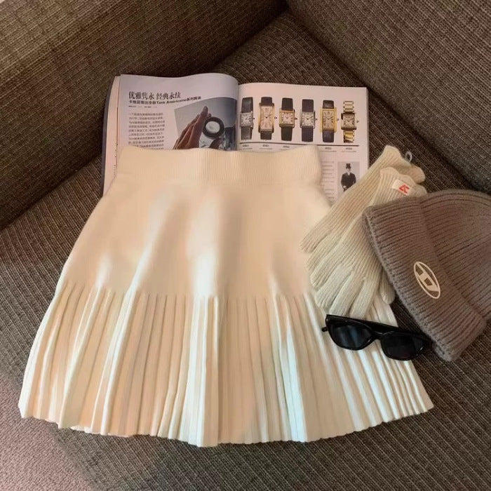 Womens Stretchy High-Waist Pleated Skirt Slim-Fit Outerwear Knitted Base Skirt