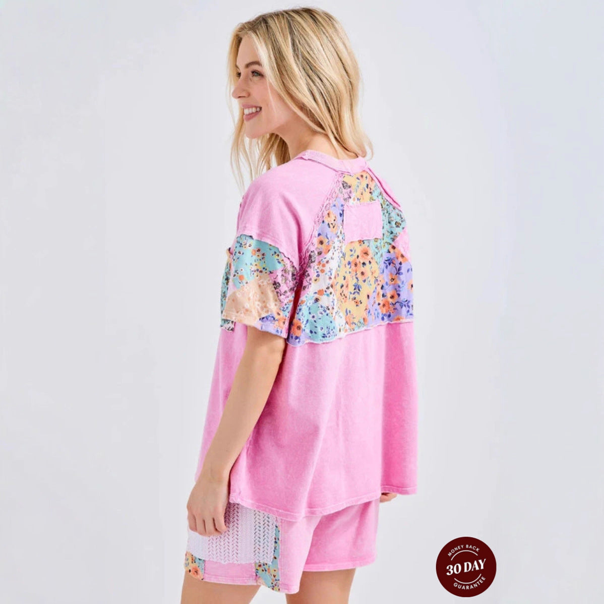 Casual Round Neck Short Sleeves Stitching Floral T-shirt Top