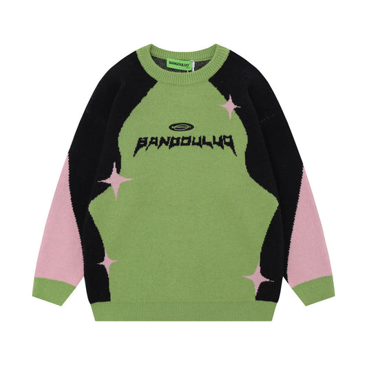National Fashion Stitching Contrast Color Jacquard Round Neck Sweater