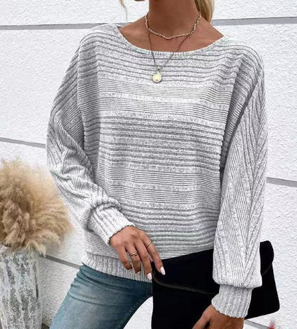 Ensfarvet Stribet Batwing-ærmer T-shirt Mode Casual Pullover Rund Hals Langærmet Top Forår Og Efterår Dametøj